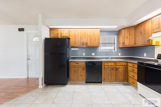 kitchen with sink, light hardwood / wood-style flooring, and black appliances