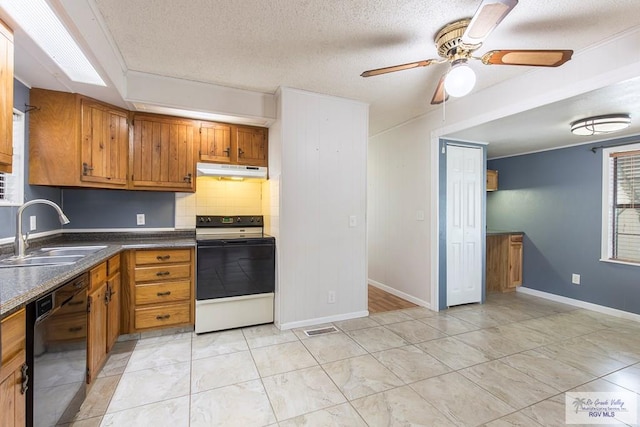 kitchen featuring decorative backsplash, a textured ceiling, white range with electric stovetop, sink, and dishwasher