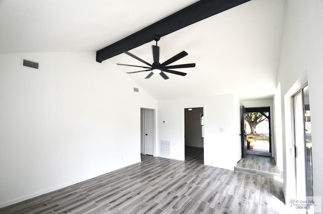 empty room featuring beamed ceiling, high vaulted ceiling, light hardwood / wood-style flooring, and ceiling fan