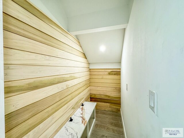 view of sauna with hardwood / wood-style floors