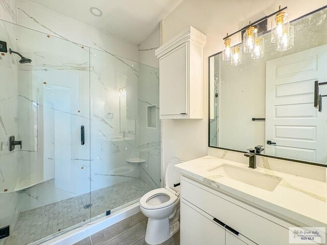 bathroom with vanity, toilet, and walk in shower