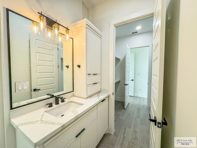 bathroom with hardwood / wood-style floors and vanity