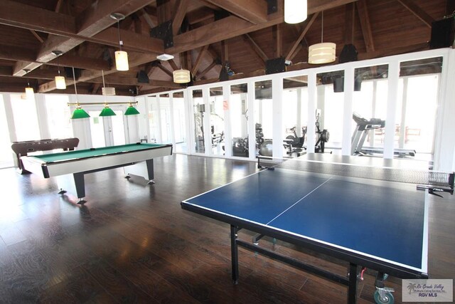 200 Padre Blvd Unit 2307, South Padre Island, TX 78597 - game room featuring vaulted ceiling with beams, wood-type flooring, and billiards