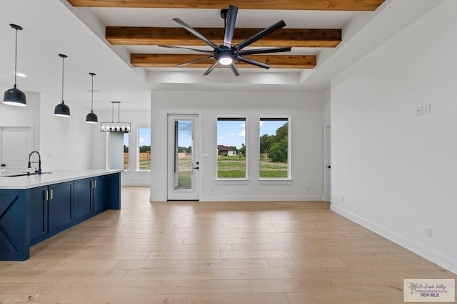 29002 Reynolds Dr # 18, La Feria, TX 78559 - kitchen with blue cabinets, open floor plan, beam ceiling, a ceiling fan, and light wood-style flooring