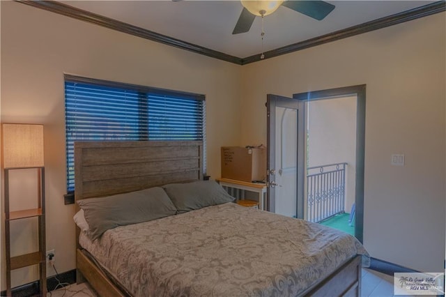 bedroom with ceiling fan and crown molding