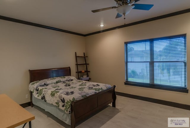 bedroom featuring ceiling fan and ornamental molding