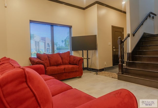 living room with crown molding