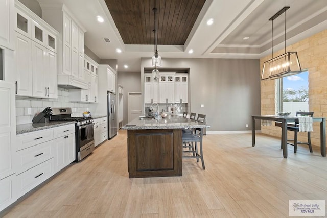 kitchen featuring sink, stainless steel appliances, a raised ceiling, light hardwood / wood-style floors, and a center island with sink