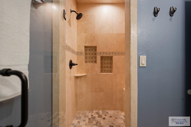 bathroom with a shower with shower door