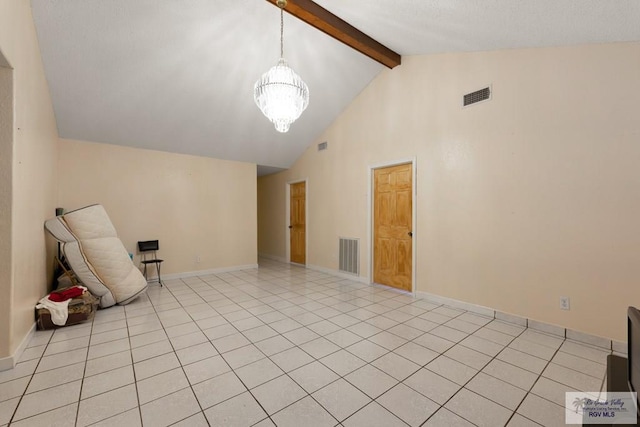 tiled spare room with beam ceiling, high vaulted ceiling, and an inviting chandelier