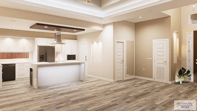 kitchen with a center island, stainless steel refrigerator with ice dispenser, a towering ceiling, black dishwasher, and white cabinets