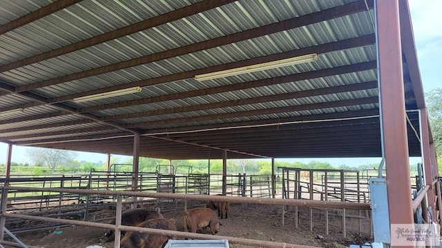 view of stable with a rural view