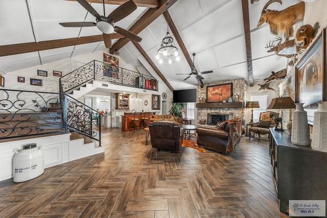 living room with beam ceiling, dark parquet flooring, ceiling fan, high vaulted ceiling, and a fireplace