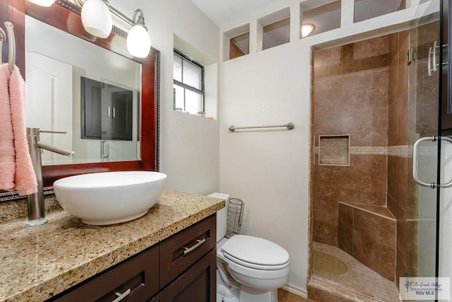 bathroom with toilet, vanity, and walk in shower