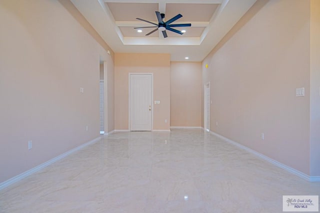 unfurnished room featuring recessed lighting, marble finish floor, ceiling fan, and baseboards