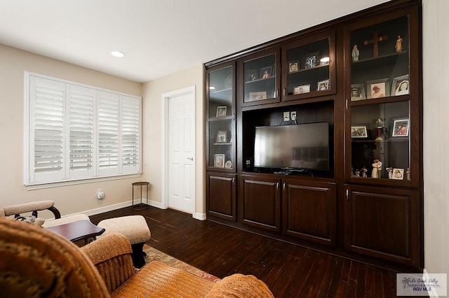 living room with dark hardwood / wood-style floors