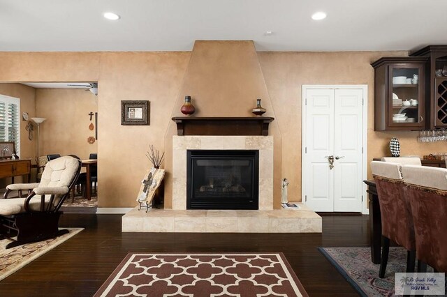 living room featuring a tile fireplace and dark hardwood / wood-style flooring