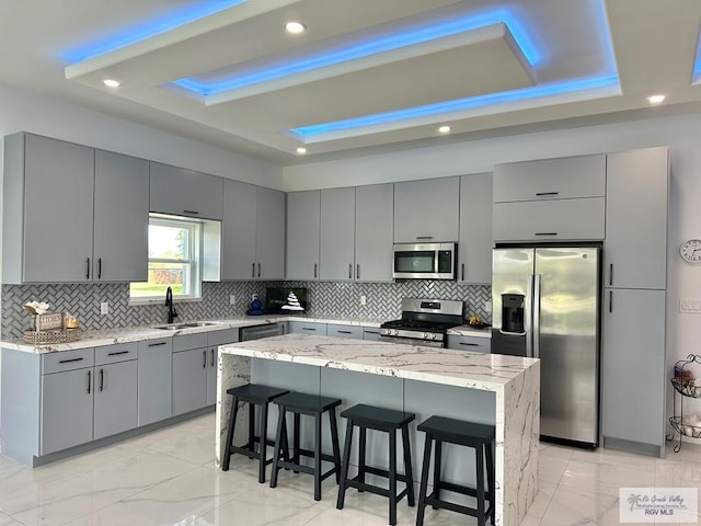 kitchen featuring gray cabinets, stainless steel appliances, and a raised ceiling