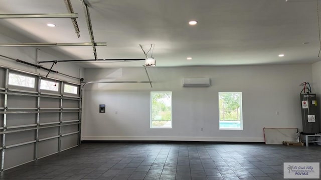 garage with a wall unit AC, electric water heater, recessed lighting, baseboards, and a garage door opener