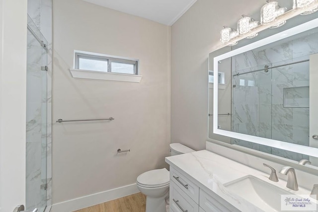 bathroom featuring toilet, hardwood / wood-style floors, vanity, and walk in shower