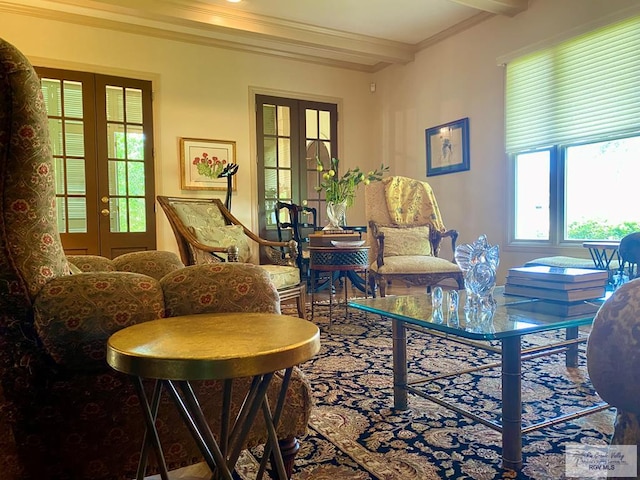 living area with french doors, beam ceiling, and crown molding