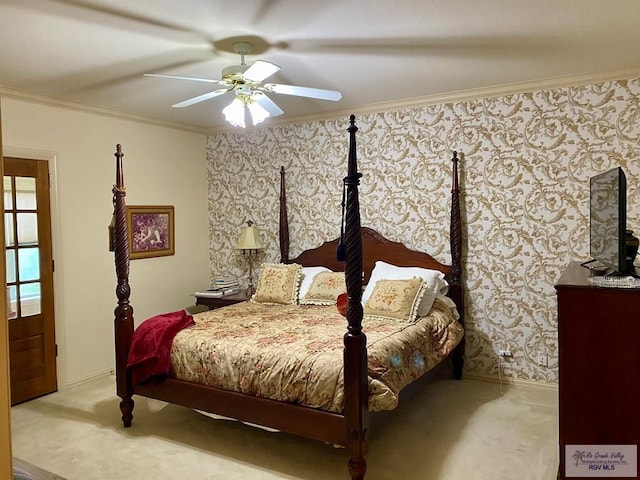 bedroom featuring ceiling fan, light colored carpet, and crown molding