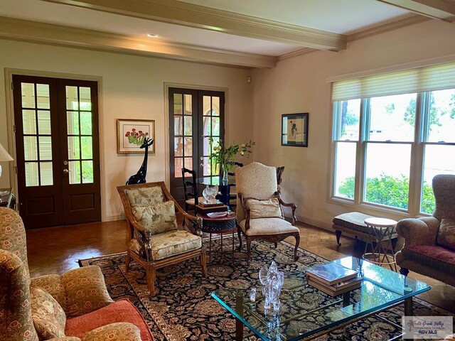 interior space with beamed ceiling, french doors, and crown molding