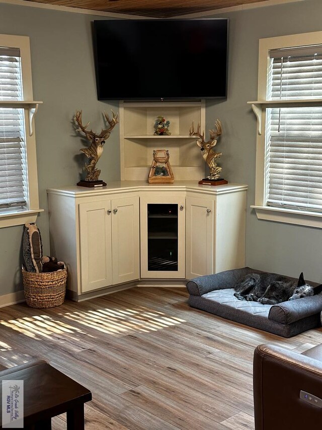 bar with white cabinets, light hardwood / wood-style flooring, beverage cooler, and a healthy amount of sunlight