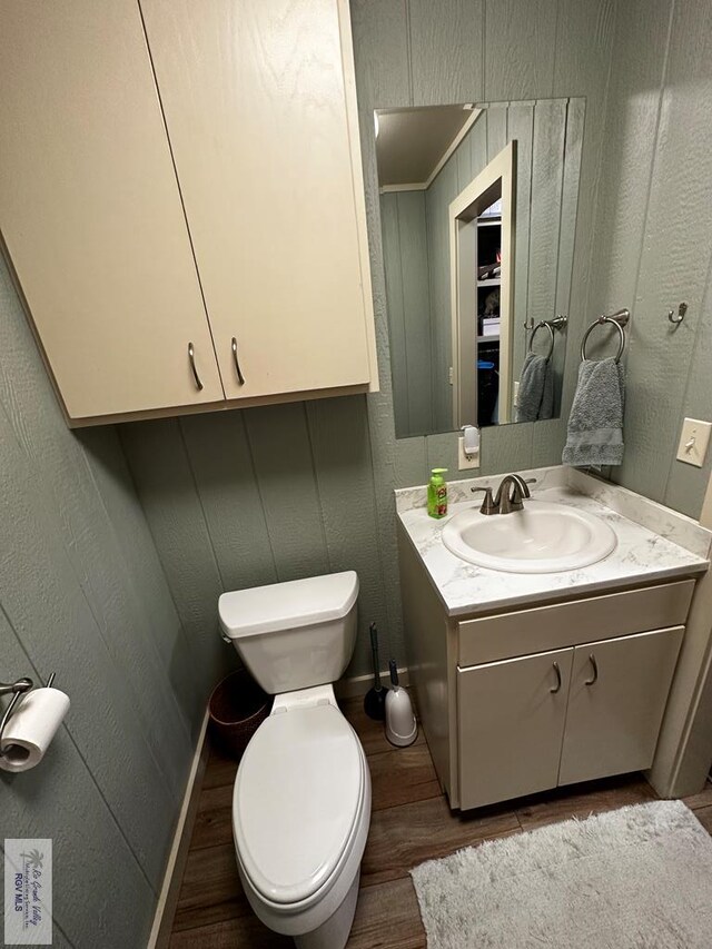 bathroom featuring vanity, wood-type flooring, and toilet