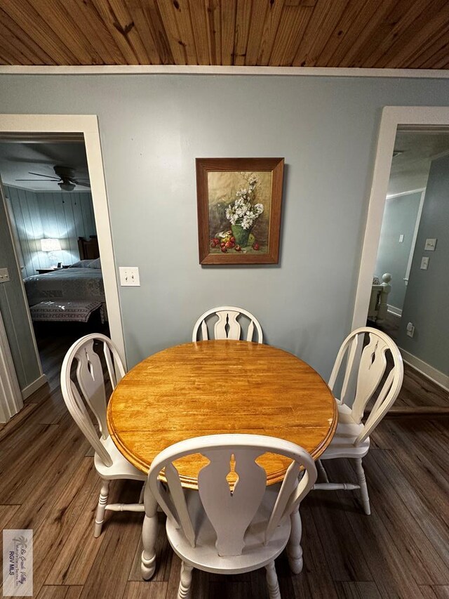 dining area featuring dark hardwood / wood-style flooring, ceiling fan, and wooden ceiling