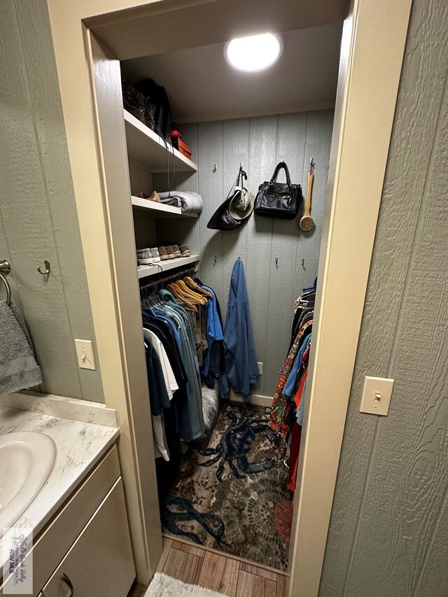 walk in closet featuring wood-type flooring and sink