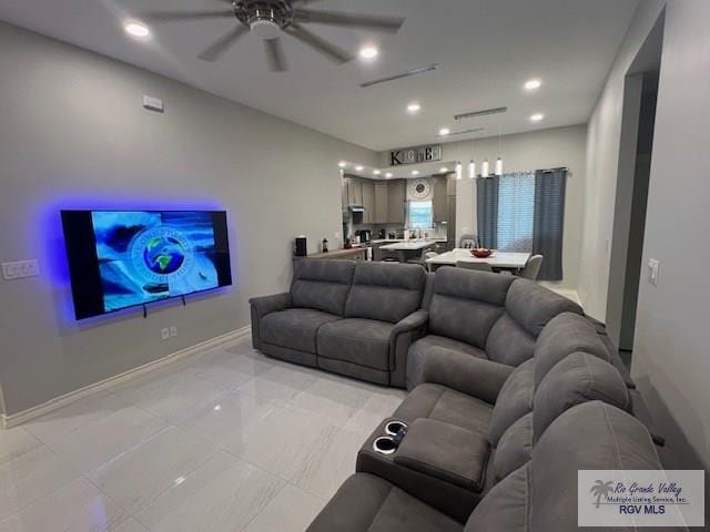 living room with ceiling fan