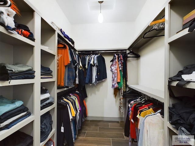 walk in closet with dark wood-type flooring