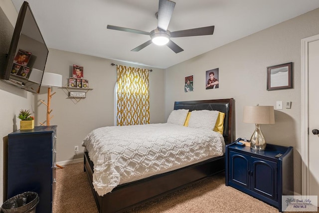 bedroom featuring ceiling fan, carpet flooring, and baseboards