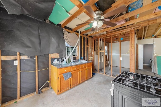 basement with ceiling fan