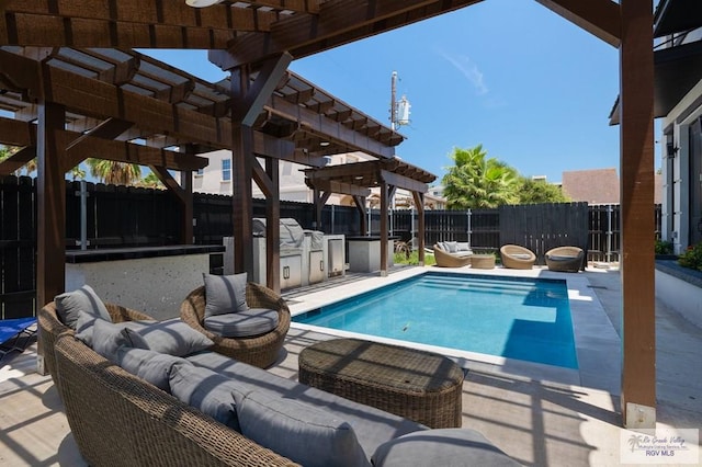 view of swimming pool with an outdoor living space, area for grilling, a pergola, and a patio