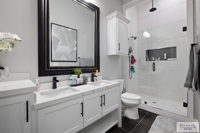 bathroom featuring tile patterned flooring, vanity, toilet, and walk in shower