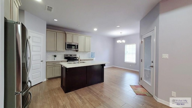 kitchen with hanging light fixtures, stainless steel appliances, a center island with sink, and light hardwood / wood-style floors