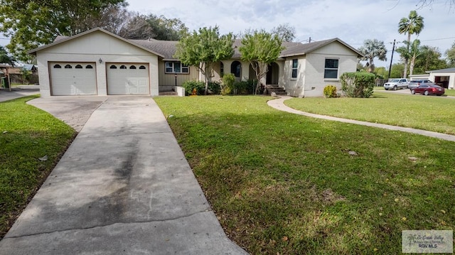 ranch-style home featuring a front yard and a garage