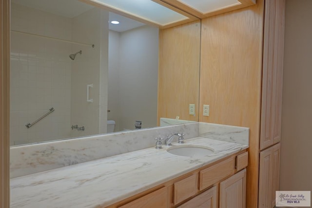 bathroom featuring toilet, vanity, and a skylight