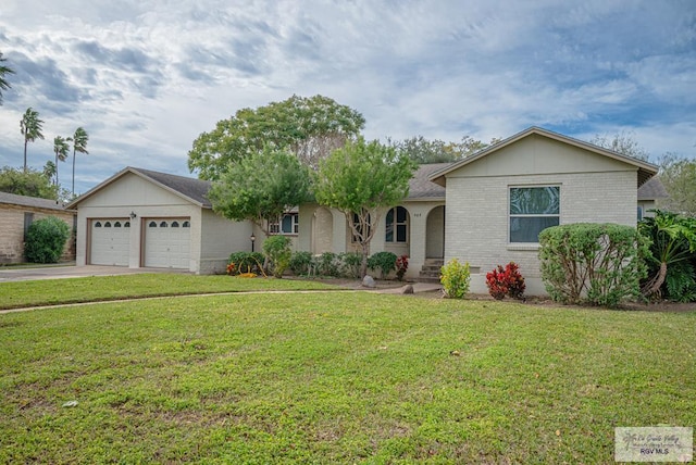 ranch-style home featuring a garage and a front lawn