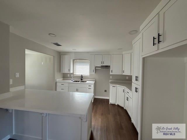 kitchen with visible vents, white cabinets, dark wood-style floors, light countertops, and a sink