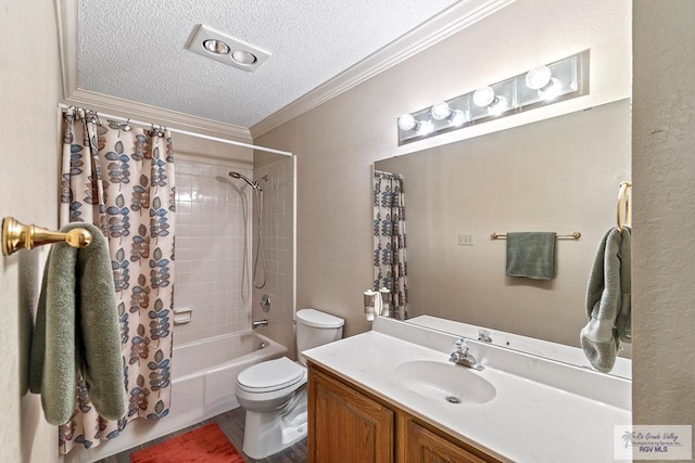 24382 Preston Trl, Harlingen, TX 78552 - bathroom featuring crown molding, a textured ceiling, shower / bathtub combination with curtain, vanity, and a textured wall