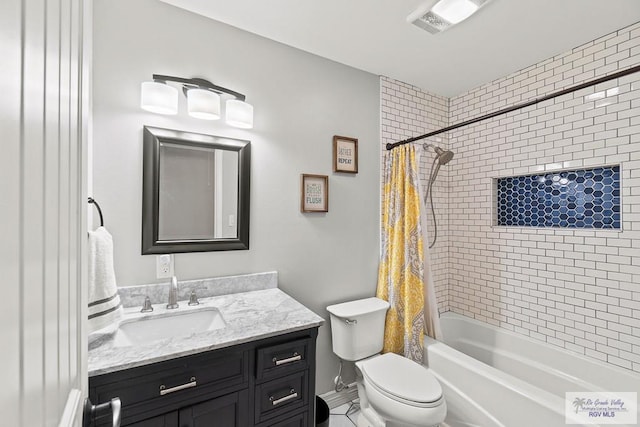 full bathroom with shower / bath combo with shower curtain, vanity, and toilet