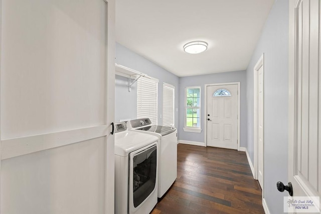 laundry room with washing machine and clothes dryer and dark hardwood / wood-style flooring