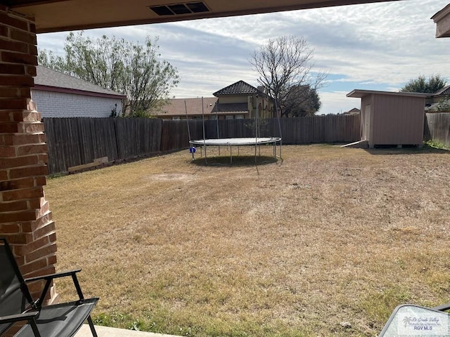 view of yard with a trampoline and a storage shed