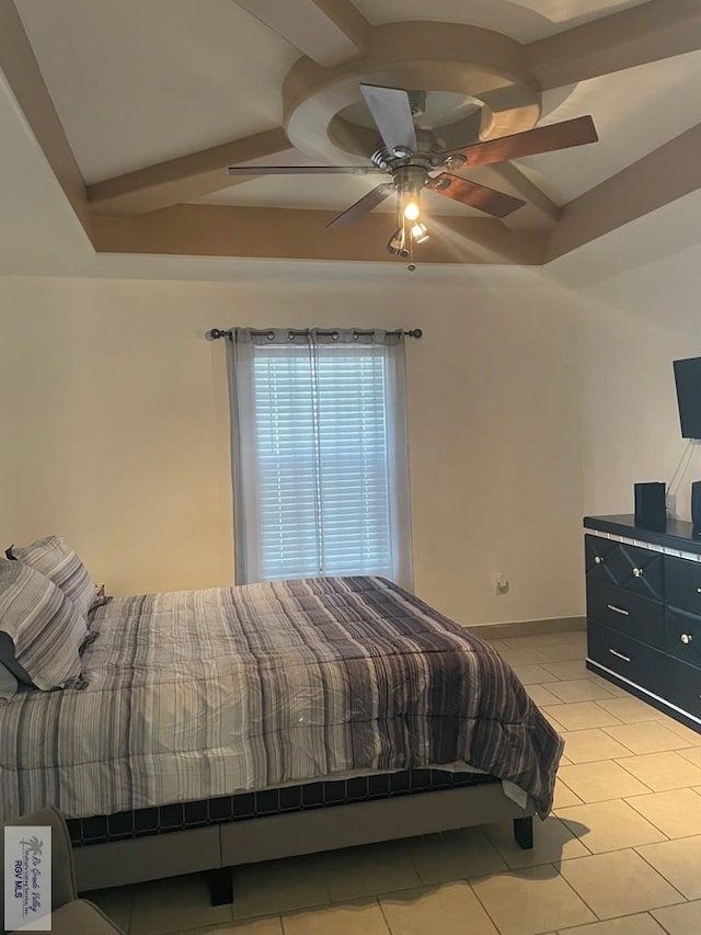 bedroom with light tile patterned floors and ceiling fan