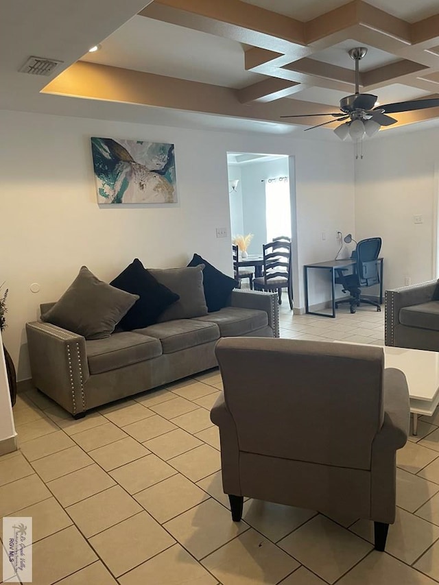 tiled living room featuring ceiling fan, coffered ceiling, and beam ceiling