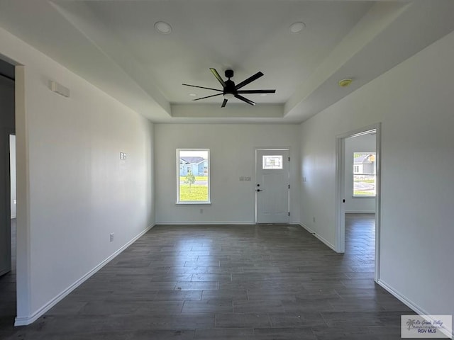 foyer entrance with a tray ceiling, ceiling fan, and dark hardwood / wood-style flooring