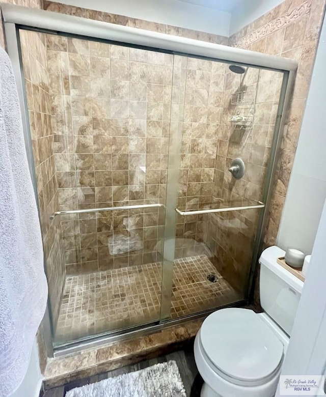 bathroom featuring a stall shower and toilet